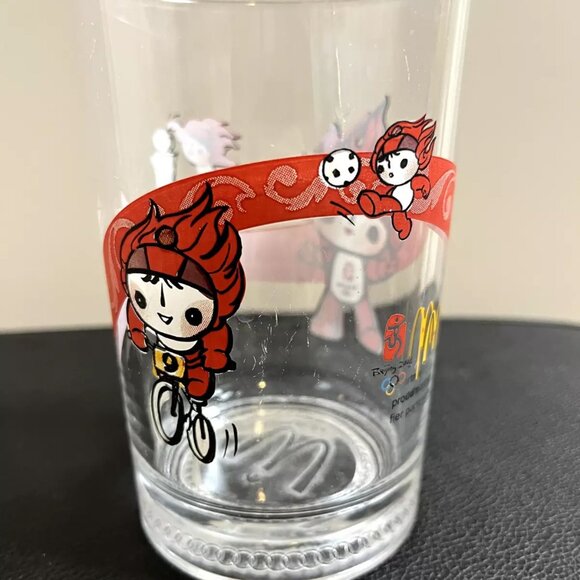 2008 McDonalds Beijing Olympics Glass Collectors Mug Red HuanHuan Cycling 16 oz - Picture 3 of 6